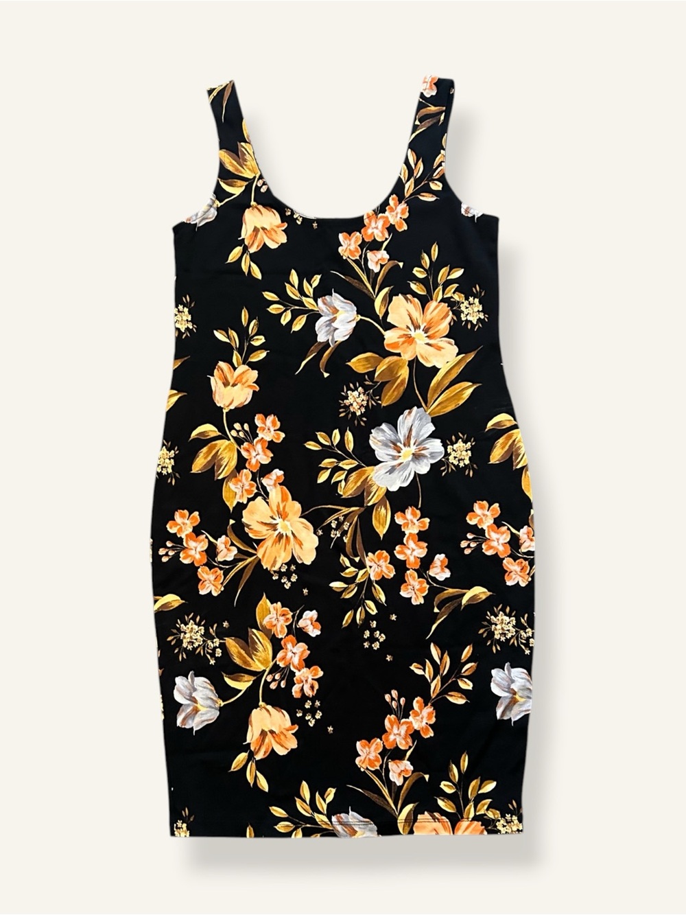 NWOT Forever 21 Plus Floral Midi Tank Dress • Black & Orange Bodycon